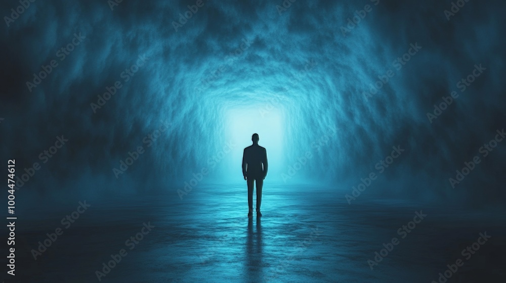 A man stands in a dark tunnel with a blue sky above him A man stands in a dark tunnel with a blue sky above him