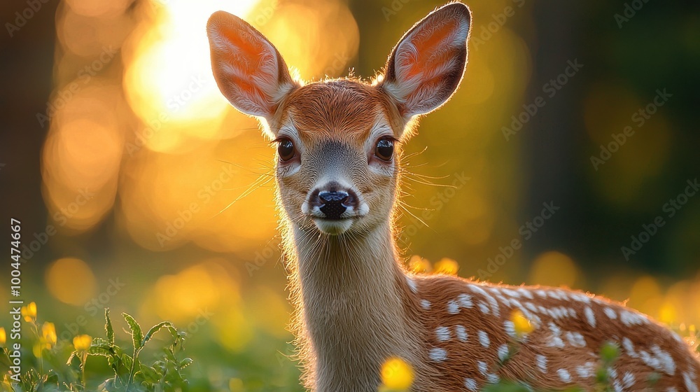 A young fawn gazes curiously while surrounded by wildflowers during golden hour in a tranquil forest setting A young fawn gazes curiously while surrounded by wildflowers during golden hour in a tranquil forest setting