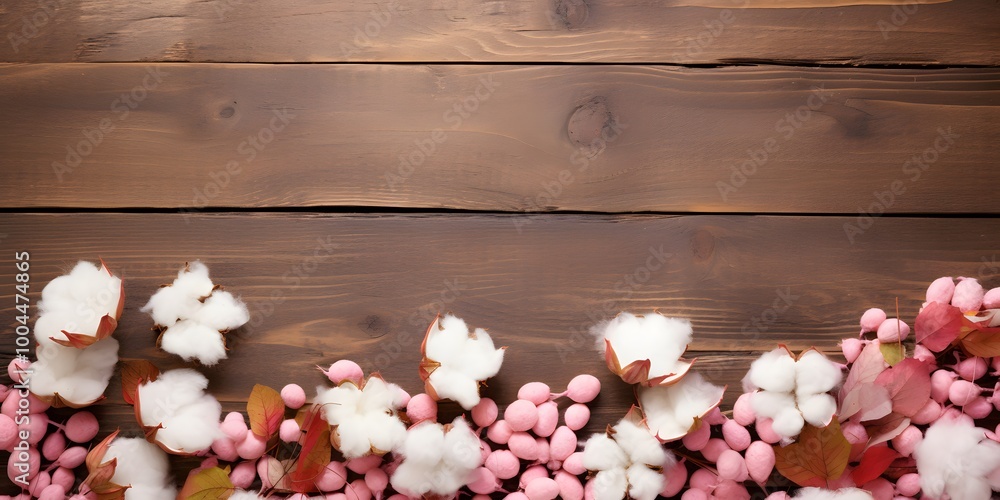 Rustic Wooden Background with Pink Cotton Flowers Rustic Wooden Background with Pink Cotton Flowers