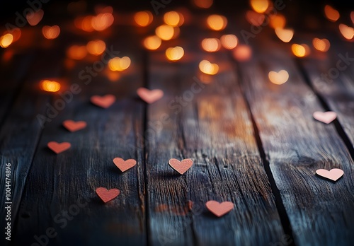 Rustic Wooden Valentine's Background with Heart Lights