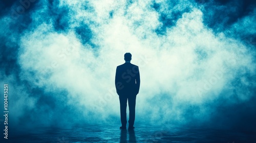 A man stands in the middle of a foggy, misty sky