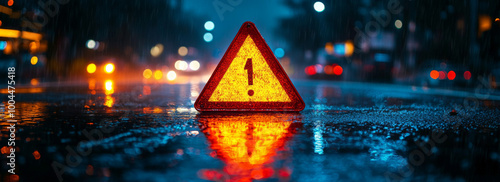 Close-up of an emergency triangle sign on the road at night in heavy rain, with reflections and blurred lights in the background. High-resolution photography, insanely detailed.