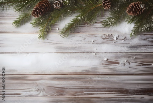 Snowy Rustic Wood Background with Pine Branches for Christmas