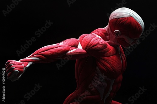 Red muscle fibers of human anatomy in action pose