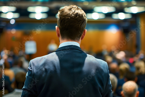 Speaker at the business conference. Back view of businessman. High quality photo