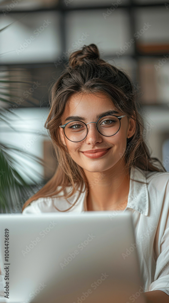 Confident Young Businesswoman Applying for Job Online in Office Confident Young Businesswoman Applying for Job Online in Office