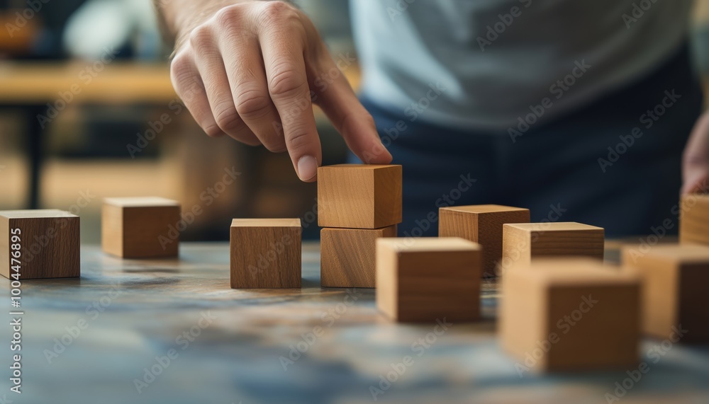 Procurement Management Industry Concept: Man Organizing Wooden Blocks With Supply Chain And Retail Logistics Icons Procurement Management Industry Concept: Man Organizing Wooden Blocks With Supply Chain And Retail Logistics Icons
