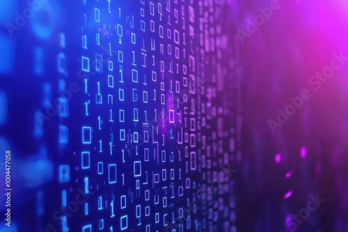Digital binary code background with vibrant shades of blue and purple for technology or data themes.