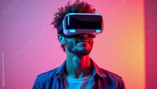 Obraz na płótnie People Using VR Headsets to Explore a Virtual Reality Experience: Future Technology, Gaming, Immersive Entertainment and Metaverse Concepts w salonie