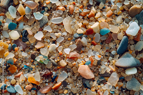 Closeup to sea ocean beach sand with micro plastics. Environment, pollution, plastic waste concept