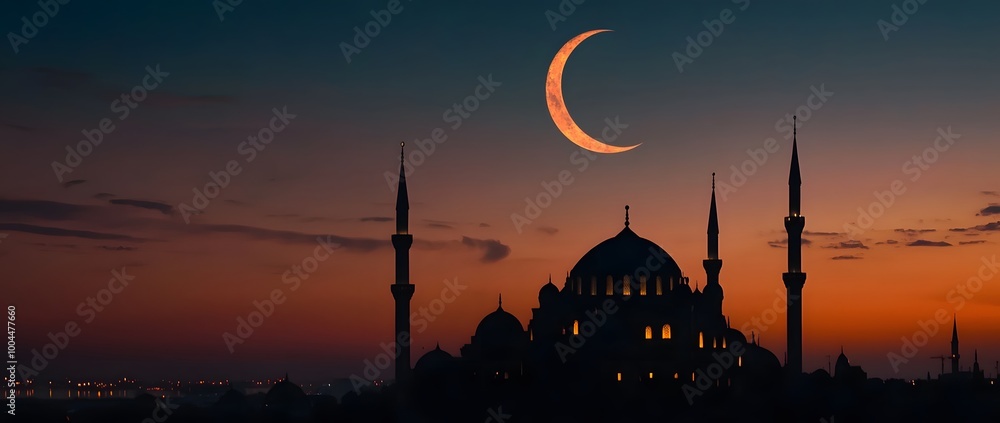 Fototapeta premium Mosque Silhouette with Crescent Moon Ramadan Background
