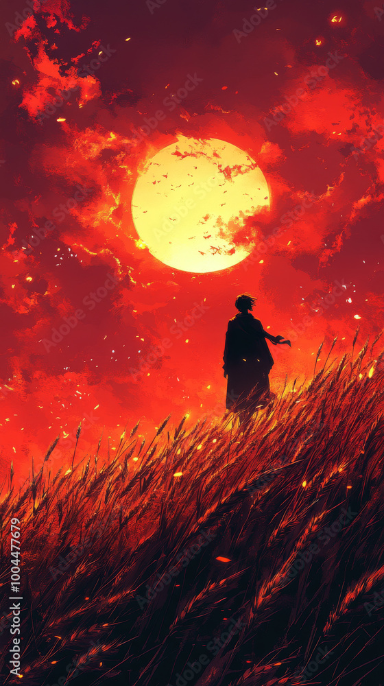 Silhouette of a person standing in a field with a large, glowing moon in the sky. Silhouette of a person standing in a field with a large, glowing moon in the sky.