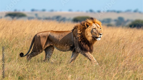Wallpaper Mural A majestic lion walks gracefully through the golden grasslands of the savanna under a clear blue sky during the early morning Torontodigital.ca