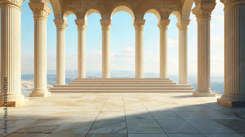 Fototapeta premium Majestic colonnade with sunny sky, evoking ancient grandeur and timeless beauty.