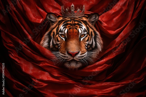 Majestic tiger with a crown on its head, set against a rich red fabric background. photo