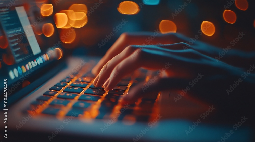 Closeup of hands typing on a laptop keyboard with a blurred background of lights. Closeup of hands typing on a laptop keyboard with a blurred background of lights.