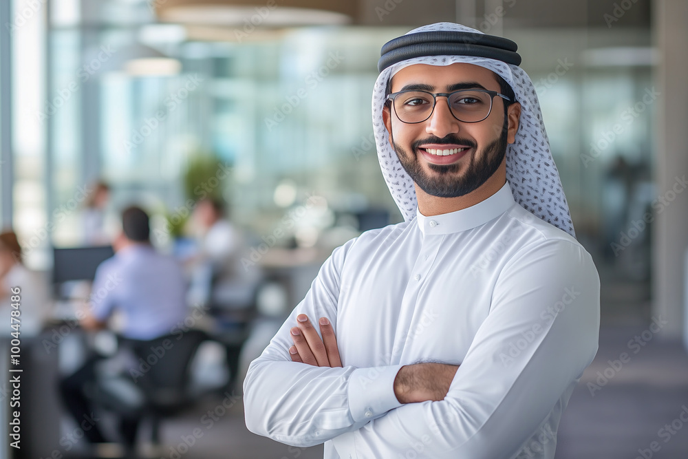 Portrait of a smiling Arabian man standing with arms crossed in a modern office, wearing casual business attire and glasses Portrait of a smiling Arabian man standing with arms crossed in a modern office, wearing casual business attire and glasses