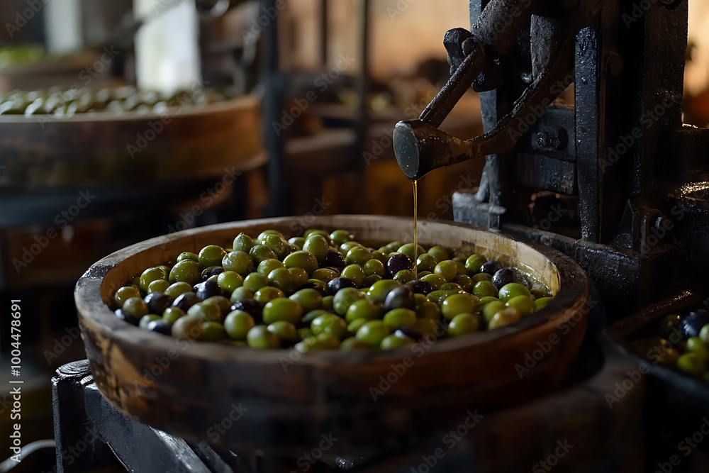 Fresh olives and olive oil with an oil press showcasing the traditional extraction process Fresh olives and olive oil with an oil press showcasing the traditional extraction process