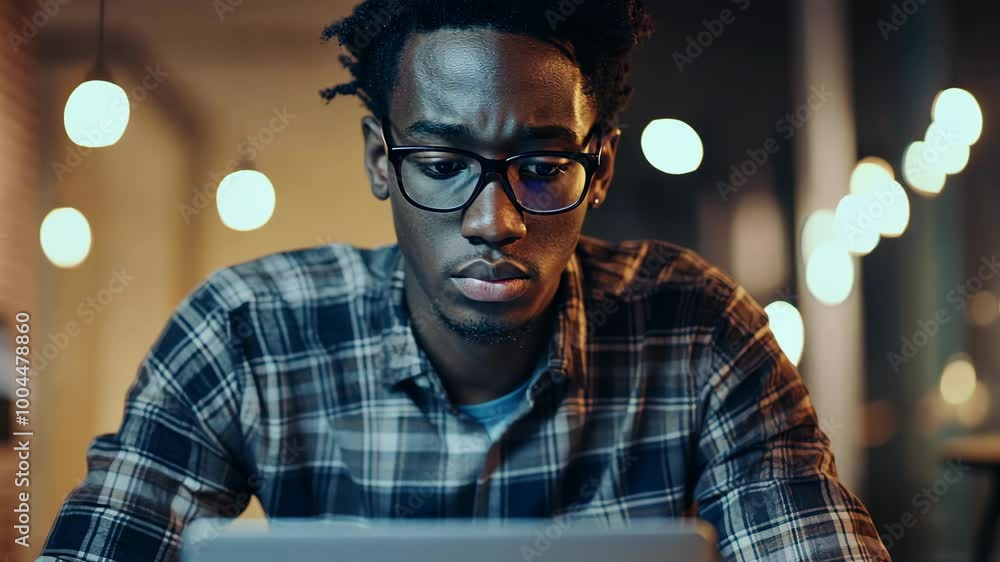 A young man in a plaid shirt sits in a cafe, looking intently at his laptop screen A young man in a plaid shirt sits in a cafe, looking intently at his laptop screen