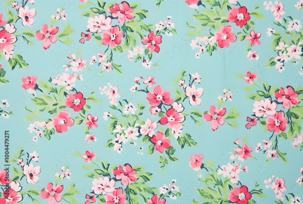 Fototapeta premium Vintage Floral Fabric Pattern with Pink and Blue Flowers