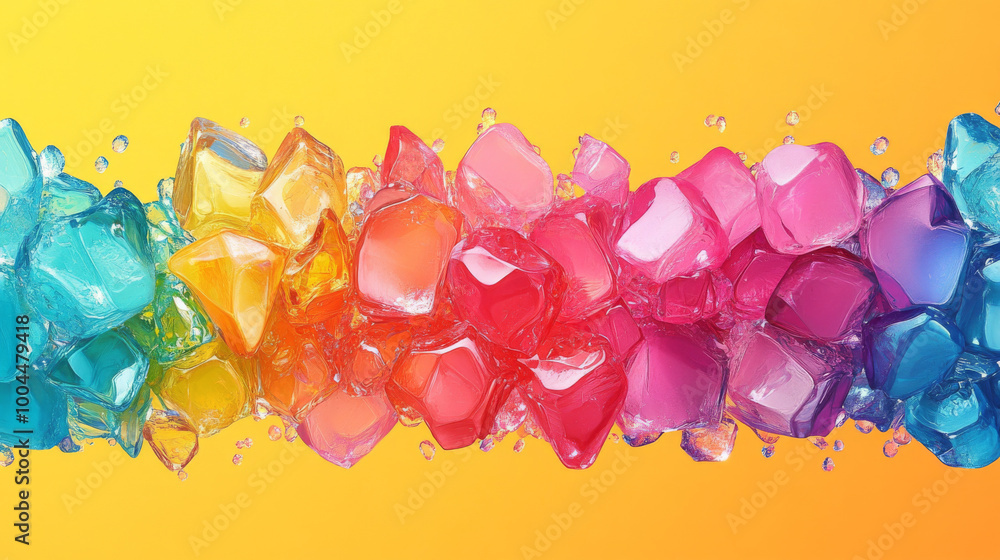 Fototapeta premium Rainbow-colored ice cubes on a yellow background.