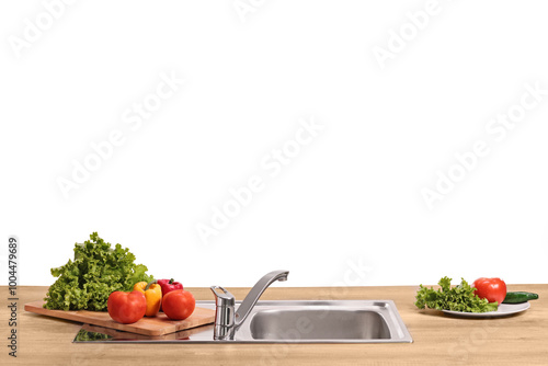 Vegetables on a wooden counter and a stainless steel kitchen sink photo