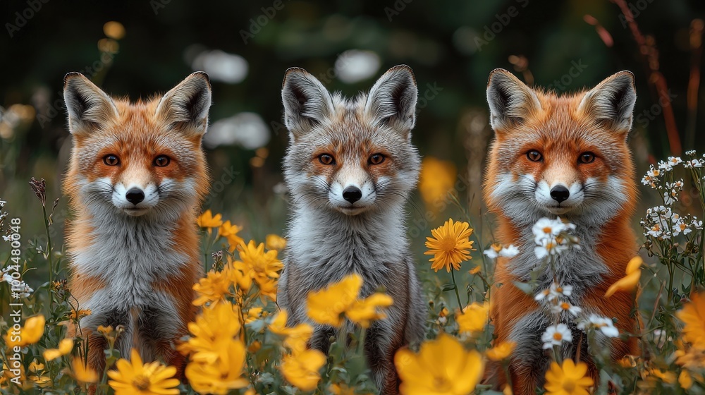 Fototapeta premium Three adorable foxes standing together in a field of vibrant wildflowers during a sunny afternoon