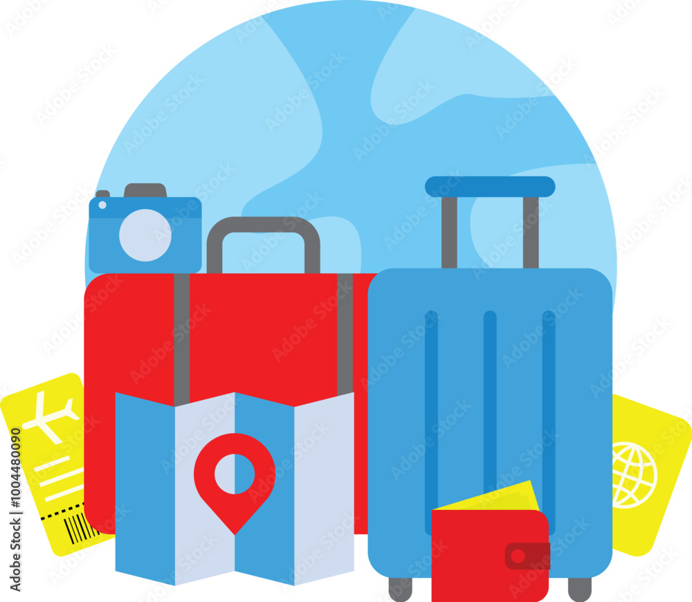 An Illustration of Travelling Which Has Images of Luggages, Map, Location Pin, Camera, Etc. An Illustration of Travelling Which Has Images of Luggages, Map, Location Pin, Camera, Etc.