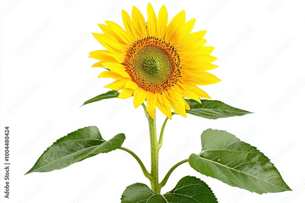 Vibrant sunflower with green leaves, isolated on a white background, perfect for natural beauty themes. Vibrant sunflower with green leaves, isolated on a white background, perfect for natural beauty themes.