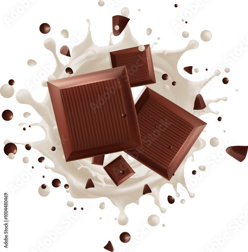 Dark chocolate bar with chocolate cream splashing, 3d iReady to use for your design, presentation, promo, ad. Mesh gradient wes used