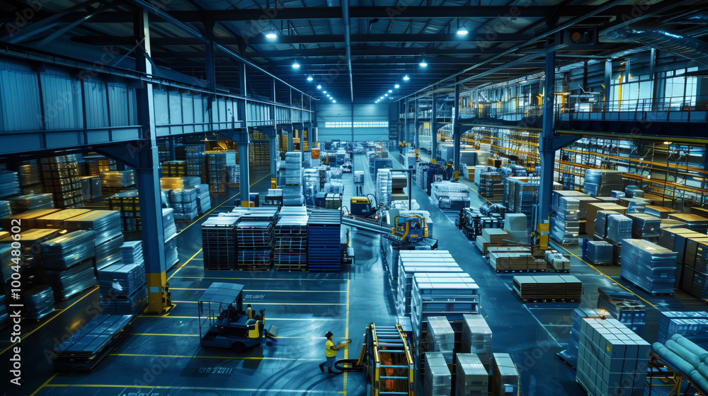 Modern industrial warehouse interior with machinery Modern industrial warehouse interior with machinery