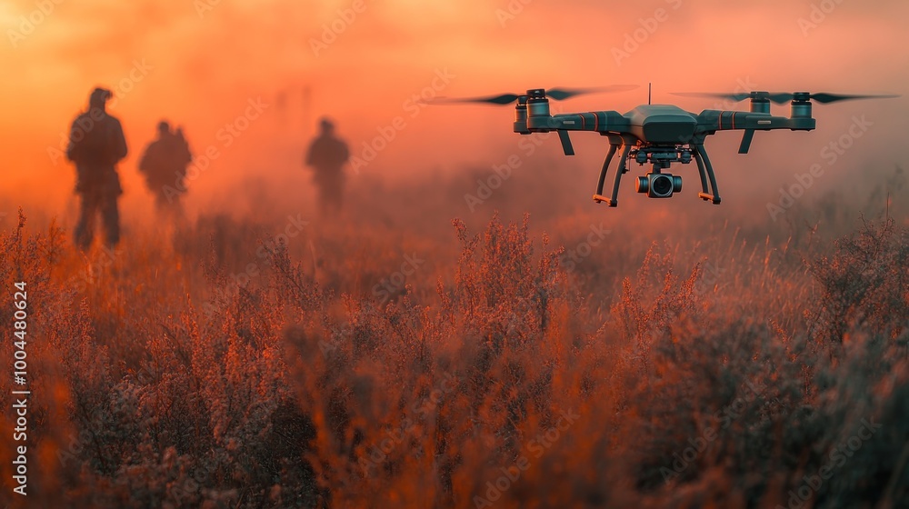 Drone flying over a misty landscape with silhouetted figures. Drone flying over a misty landscape with silhouetted figures.