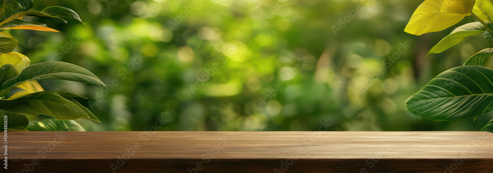 Wooden shelf surrounded by lush green foliage, perfect for displaying decorative items. Wooden shelf surrounded by lush green foliage, perfect for displaying decorative items.