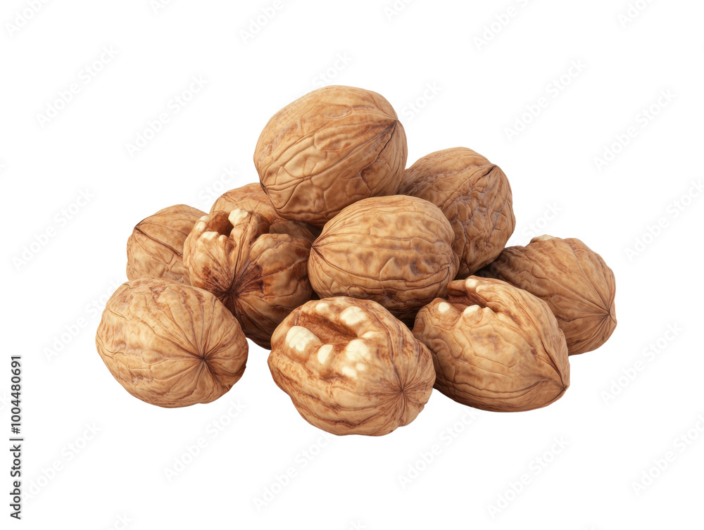 Fresh walnuts in pile, isolated white background, transparent background. Fresh walnuts in pile, isolated white background, transparent background.