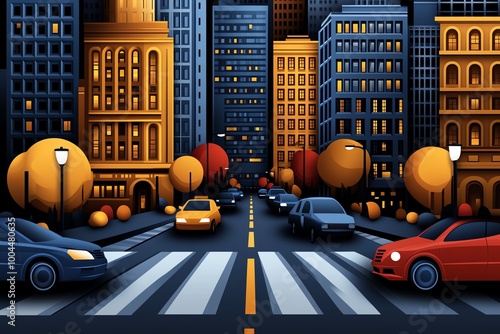 Abstract city street icon, with clean lines showing cars, crosswalks, and buildings in a minimalist style photo