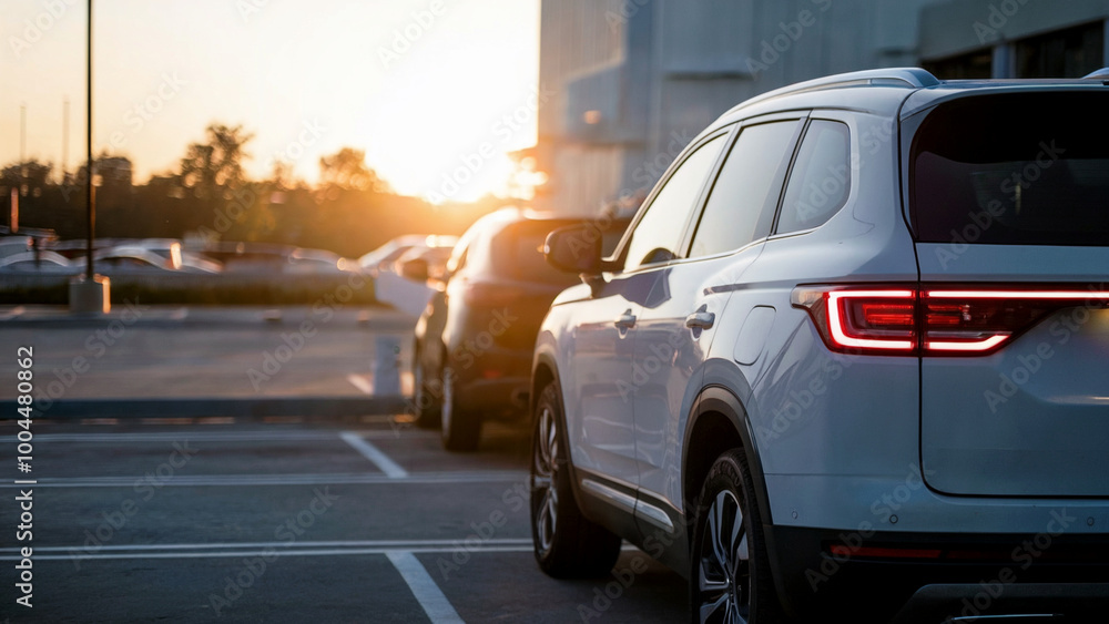 A modern white SUV parked in a parking lot during sunset. The vehicle's tail lights glow brightly, contrasting with the setting sun in the background. A modern white SUV parked in a parking lot during sunset. The vehicle's tail lights glow brightly, contrasting with the setting sun in the background.