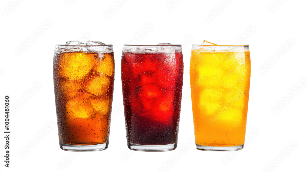 Refreshing drinks in glasses with ice cubes, isolated white background, transparent background. Refreshing drinks in glasses with ice cubes, isolated white background, transparent background.