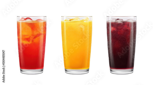 Refreshing drinks in tall glasses with ice isolated white background, transparent background.