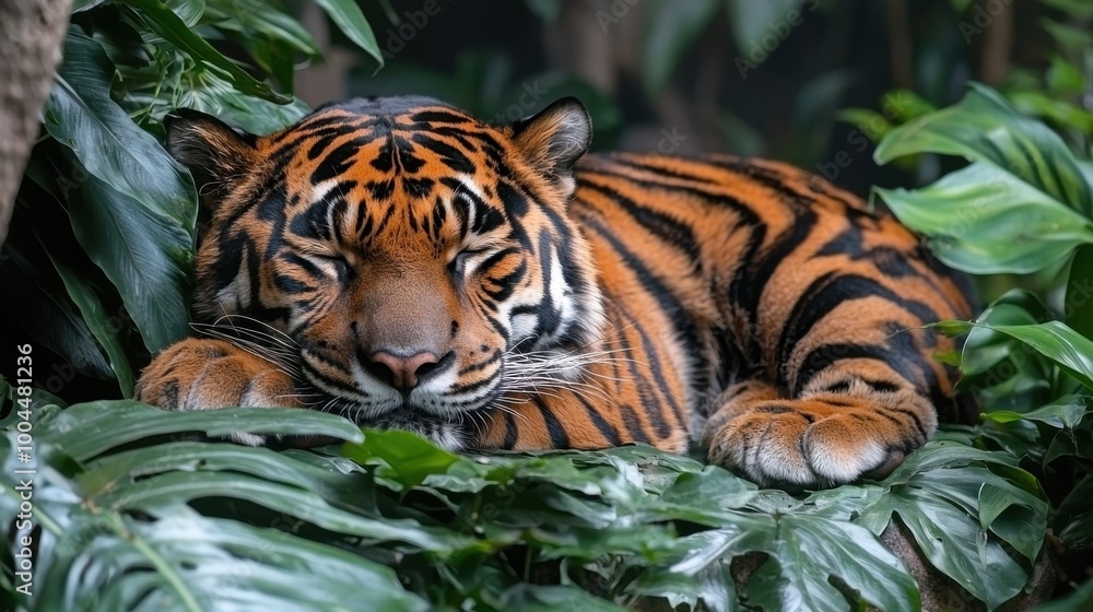 A tiger resting peacefully among lush green leaves in a tropical habitat, showcasing its striking orange and black stripes during the afternoon A tiger resting peacefully among lush green leaves in a tropical habitat, showcasing its striking orange and black stripes during the afternoon