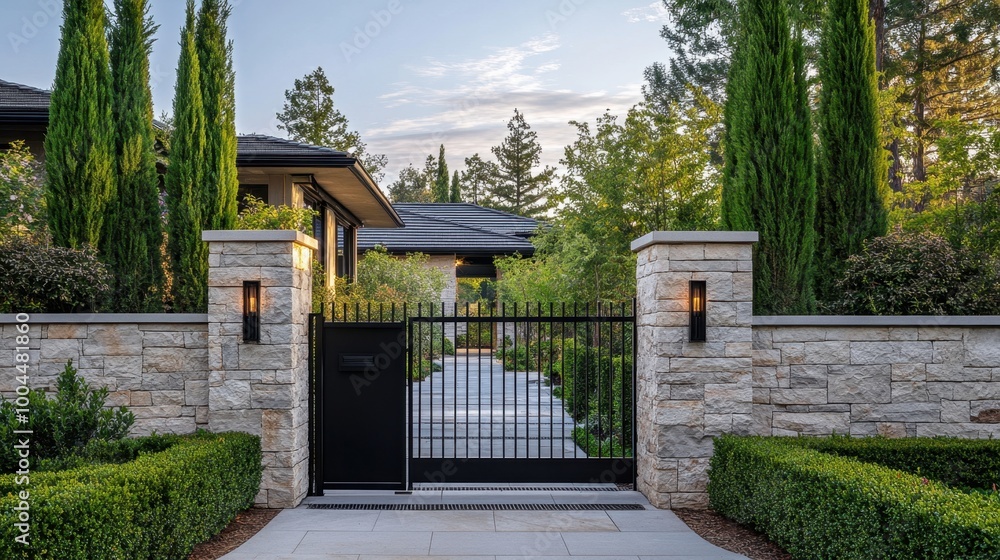 Sleek black gate with stone walls and cypress-lined garden, offering a modern, secure suburban home entryway aesthetic. Sleek black gate with stone walls and cypress-lined garden, offering a modern, secure suburban home entryway aesthetic.