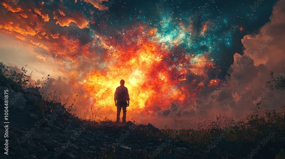 A figure stands before a vibrant cosmic explosion in a surreal landscape. A figure stands before a vibrant cosmic explosion in a surreal landscape.
