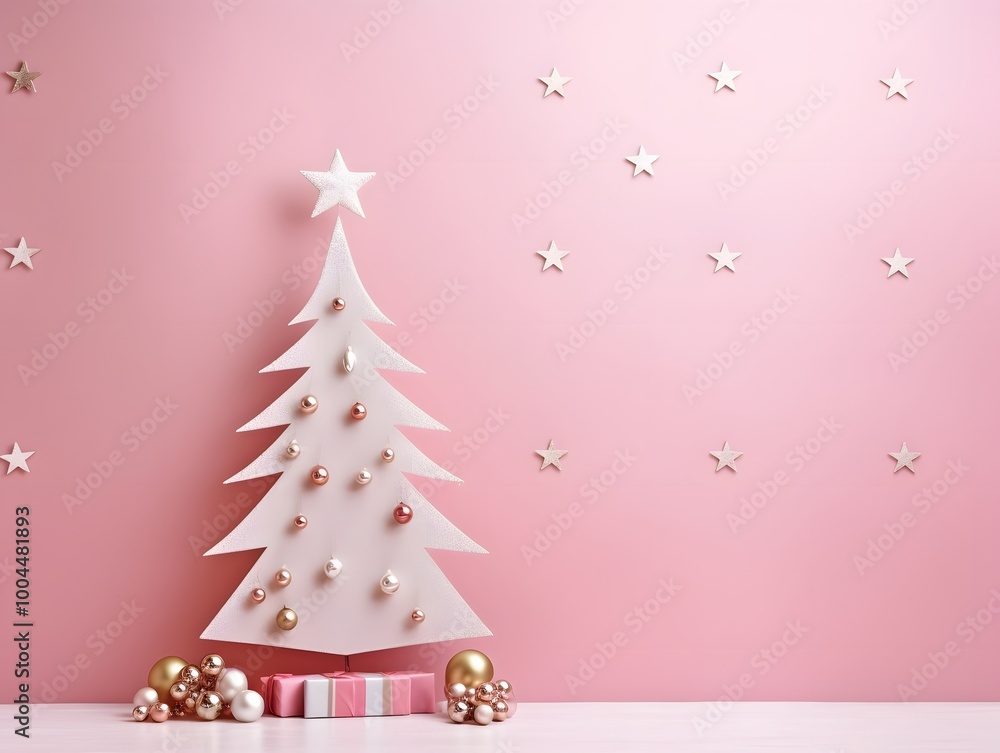 Pink Wall Christmas Tree with Stars & Ornaments Pink Wall Christmas Tree with Stars & Ornaments