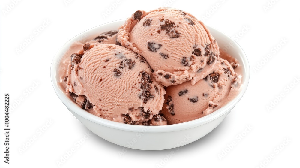 Ice cream bowl with three scoops, different flavors, isolated on a simple white background for a minimalist dessert concept. Ice cream bowl with three scoops, different flavors, isolated on a simple white background for a minimalist dessert concept.