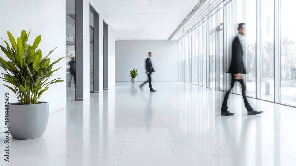 Fototapeta premium A modern coworking space with blurred figures walking through, symbolizing the intersection of communication, problem-solving, and forward-thinking action.