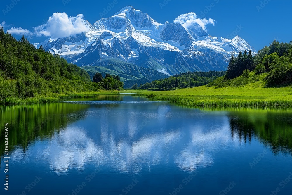 Naklejka premium Snow-Capped Mountain Range Reflected in Calm Lake Surrounded by Lush Green Forests