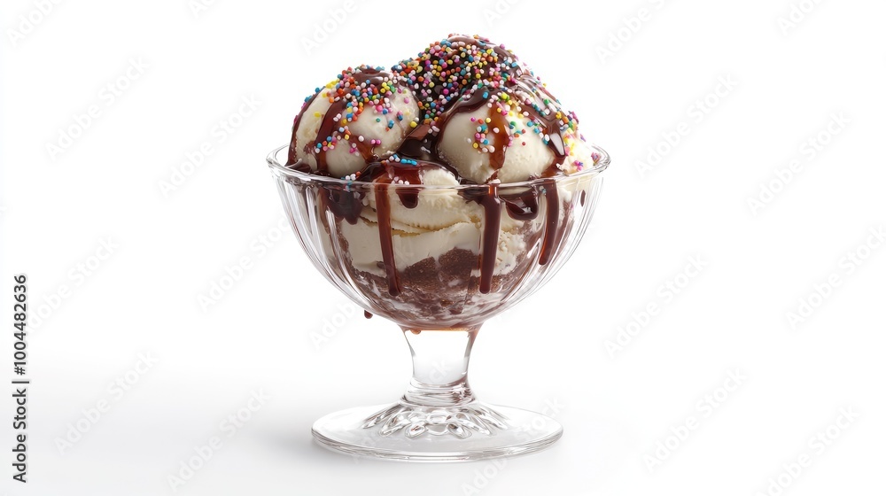 Ice cream sundae in a glass bowl, topped with syrup and sprinkles, isolated on a white background, offering a delicious and indulgent dessert scene. Ice cream sundae in a glass bowl, topped with syrup and sprinkles, isolated on a white background, offering a delicious and indulgent dessert scene.