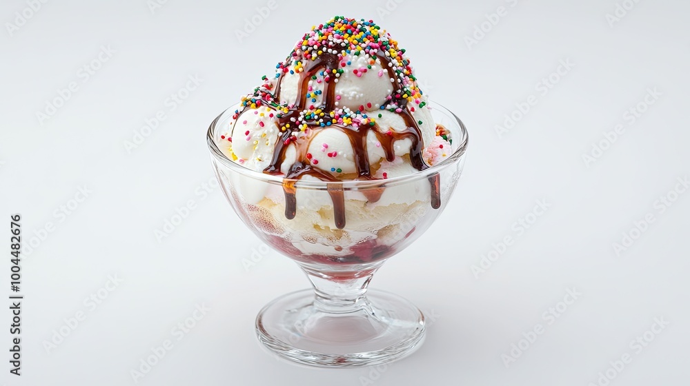 Ice cream sundae in a glass bowl, topped with syrup and sprinkles, isolated on a white background, offering a delicious and indulgent dessert scene. Ice cream sundae in a glass bowl, topped with syrup and sprinkles, isolated on a white background, offering a delicious and indulgent dessert scene.