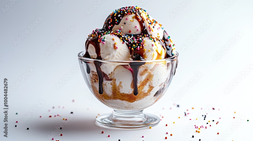 Ice cream sundae in a glass bowl, topped with syrup and sprinkles, isolated on a white background, offering a delicious and indulgent dessert scene. Ice cream sundae in a glass bowl, topped with syrup and sprinkles, isolated on a white background, offering a delicious and indulgent dessert scene.