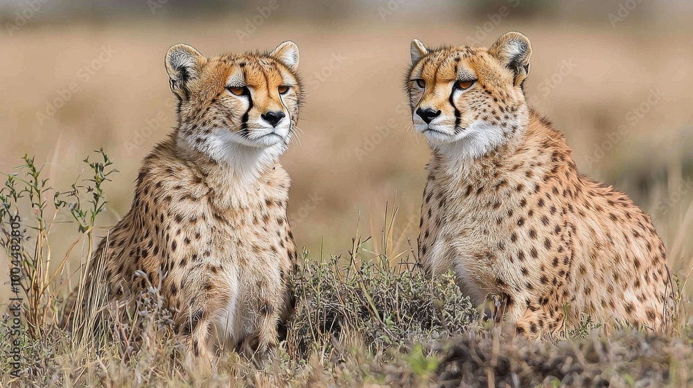 Two cheetahs resting in the tall grass during a warm afternoon in the African savanna, showcasing their distinctive spotted fur and alert expressions Two cheetahs resting in the tall grass during a warm afternoon in the African savanna, showcasing their distinctive spotted fur and alert expressions