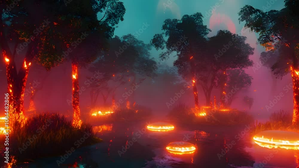 A mystical landscape features glowing trees and floating lights above a serene water surface, creating an enchanting and surreal atmosphere A mystical landscape features glowing trees and floating lights above a serene water surface, creating an enchanting and surreal atmosphere